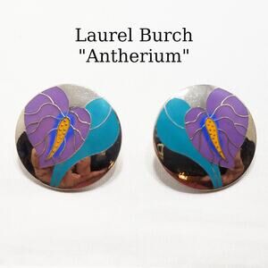 Vintage Laurel Burch "Antherium" Earrings, Rhodium Plated, 1980s Vintage Jewelry
